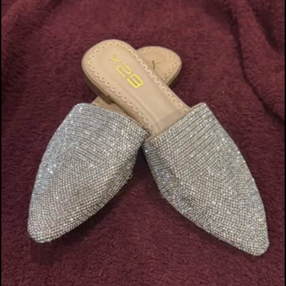 Silver Crystal-Embellished Pointed Slip-On Mules